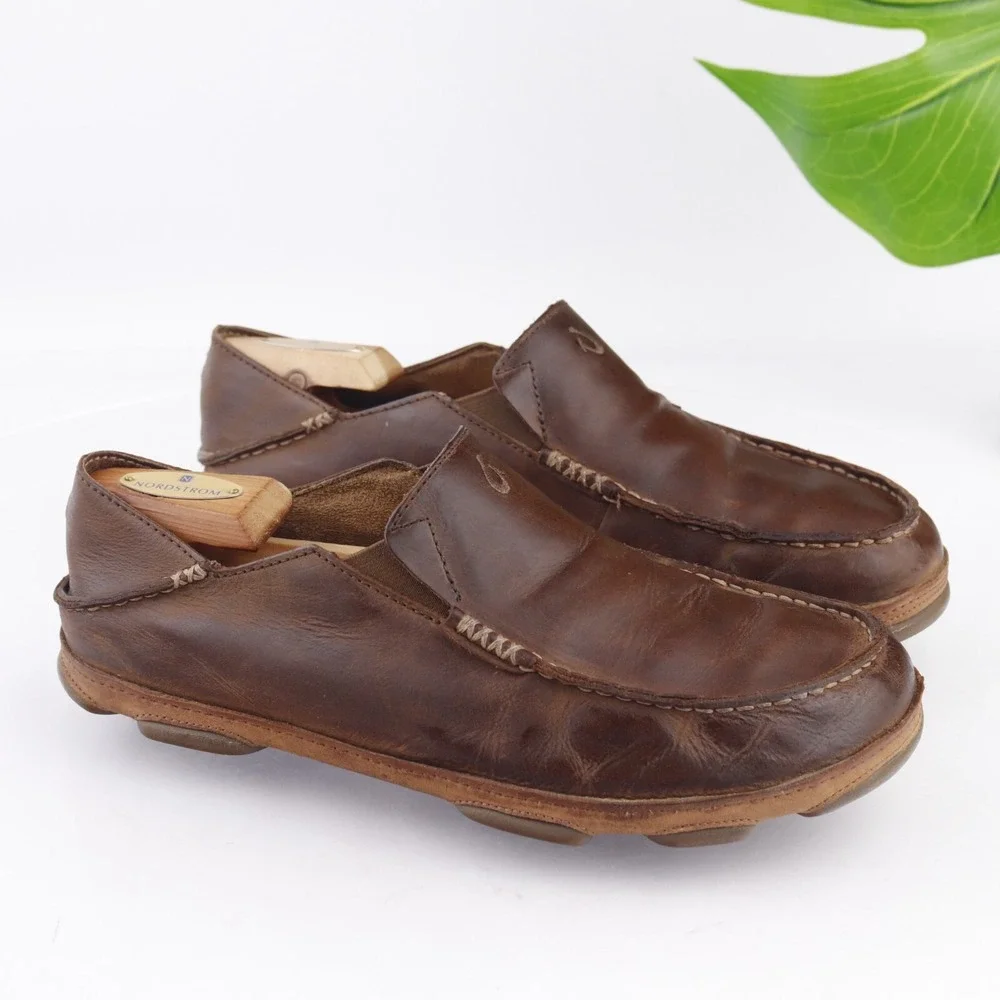 Olukai Mens Moloa Loafers Size 9.5 Brown Leather Moc Toe Slip On Shoes Slippers